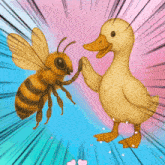 a bee and a duck giving each other a high five with the letter m above them