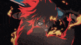 a man with red hair is holding a sword with flames coming out of it