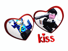 two hearts with the word kiss in red