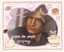 a picture of a man in a pink frame with a rabbit and flowers .