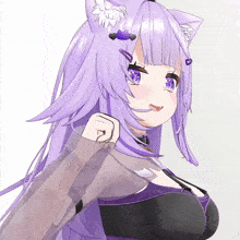 a close up of a purple haired anime girl