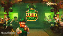 a poster for lucky 's wild pub shows a leprechaun holding a beer mug
