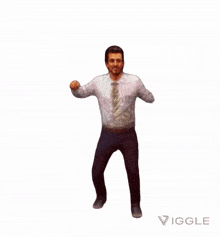 a man in a white shirt and tie is dancing in front of a white background that says viggle on it