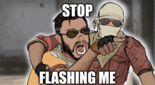 a cartoon of a man pointing at another man with the words " stop flashing me "