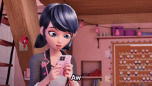a cartoon character is holding a cell phone in her hands and says aw .