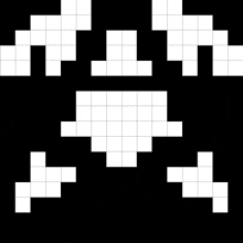 a black and white pixel art of a skull and crossbones