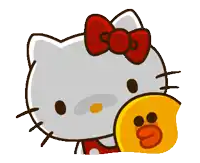a cartoon of hello kitty with a red bow holding a yellow duck