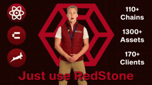 a man wearing a red vest with the words just use redstone on the bottom right
