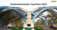 a sign that says welcome to noida is above a statue