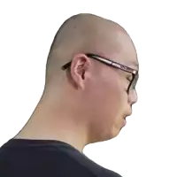 a bald man wearing glasses and a black shirt looks down