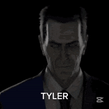a close up of a man in a suit and tie with the name tyler written on the bottom