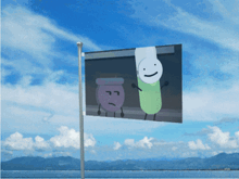 a flag with a picture of a purple and green object on it