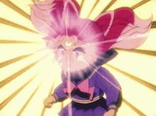 a cartoon girl with a purple skirt and a pink bow on her school uniform