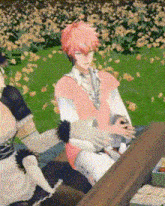 a man and a woman are sitting at a table in a park .