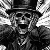 a black and white drawing of a skeleton in a top hat and suit .