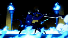 a cartoon of a man fighting a monster with blue flames in the background