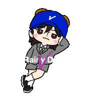 a cartoon of a girl wearing a blue hat with a v on it