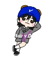 a cartoon of a girl wearing a blue hat with a v on it