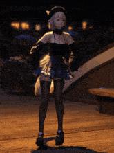 a girl in a black dress and black stockings is standing on a wooden floor