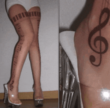 a woman 's legs with music notes on them and a treble clef tattoo