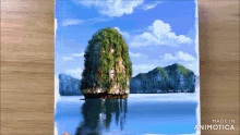 a painting of a rocky island in the middle of a body of water is made by animatica