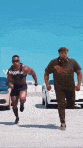 two men are running in a parking lot and one of them is wearing a shirt that says viggle ai