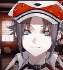 a girl with blue eyes wearing a hat with spikes