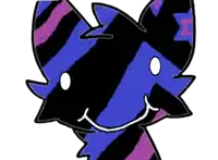 a drawing of a blue and black striped cat with a m on its head