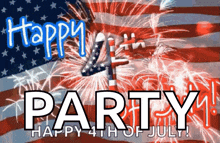 a happy 4th of july party sign with fireworks behind it