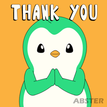 a green and white penguin says thank you