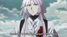 a man with long white hair is standing in front of a cloudy sky and talking to someone .