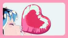 a girl is kissing a heart shaped balloon on a pink background