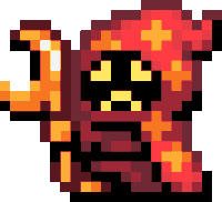 a pixel art drawing of a monster with a red hood and yellow eyes