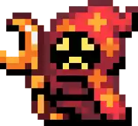 a pixel art drawing of a monster with a red hood and yellow eyes