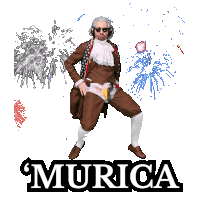 a man in a patriotic costume is dancing in front of fireworks and the word murica