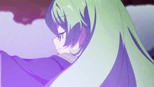 a girl with long green hair and purple eyes