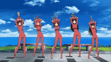 a group of anime girls are standing in a row with their arms over their heads and a blue sky in the background
