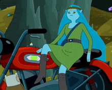 a cartoon character with blue hair is sitting on a red and black motorcycle