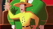 a cartoon character in a yellow hat and tie stands in front of a green man