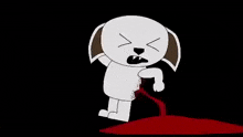 a cartoon dog is standing in a bloody area with blood pouring out of its leg .