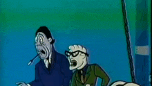 a cartoon of two men with their arms up