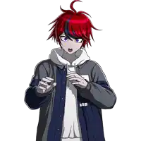 a boy with red hair and blue eyes is wearing a gray jacket