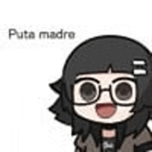 a cartoon girl wearing glasses and a sticker on her head says puta madre .