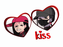 a couple of hearts with the word kiss in red