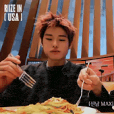 a man with red hair is holding a fork over a plate of food with the words riize in usa on the bottom