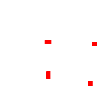 a white background with red squares floating in the air .