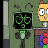 a cartoon character with a green screen on his head is standing next to a yellow cat .