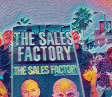 a painting of a man holding up a sign that says the sales factory