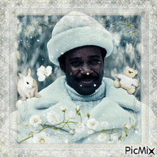 a picture of a man in a hat with a teddy bear and a rabbit on his shoulders