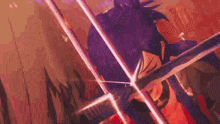 a man with purple hair is holding a sword in his hand .